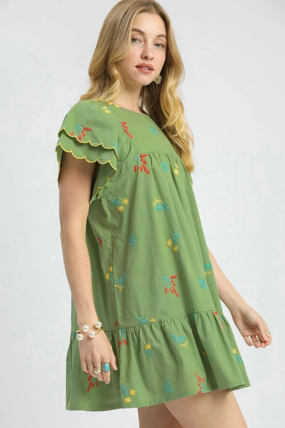 Umgee Sage Green Embroidered Mini Dress Ruched Empire Waist Flutter Sleeves - NeoKira Unlimited
