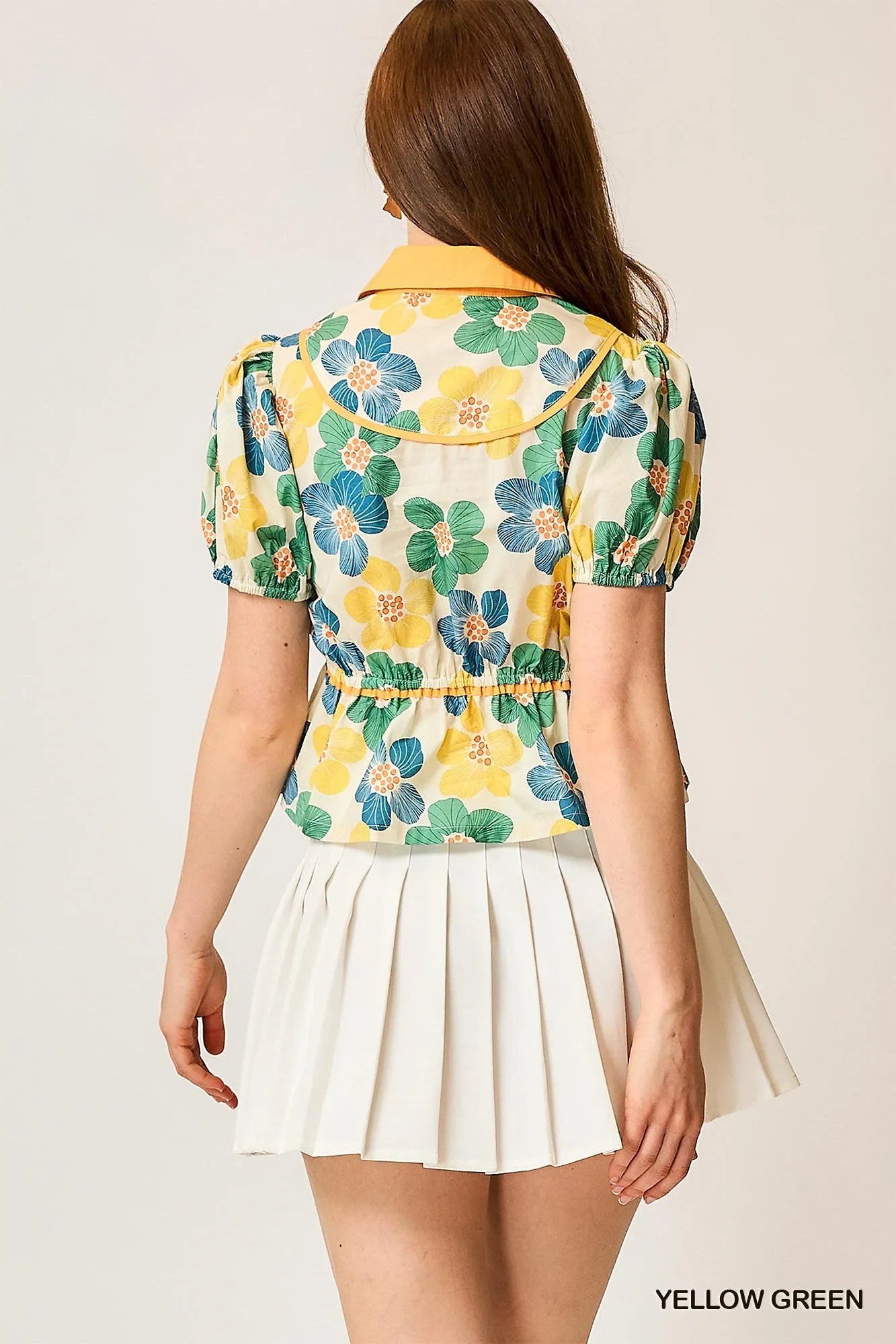 Umgee Green Leaf Print Cropped Blouse With Puff Sleeves - NeoKira Unlimited