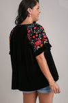 Umgee Full Size Velvet Embroidery Short Sleeve Blouse - NeoKira Unlimited