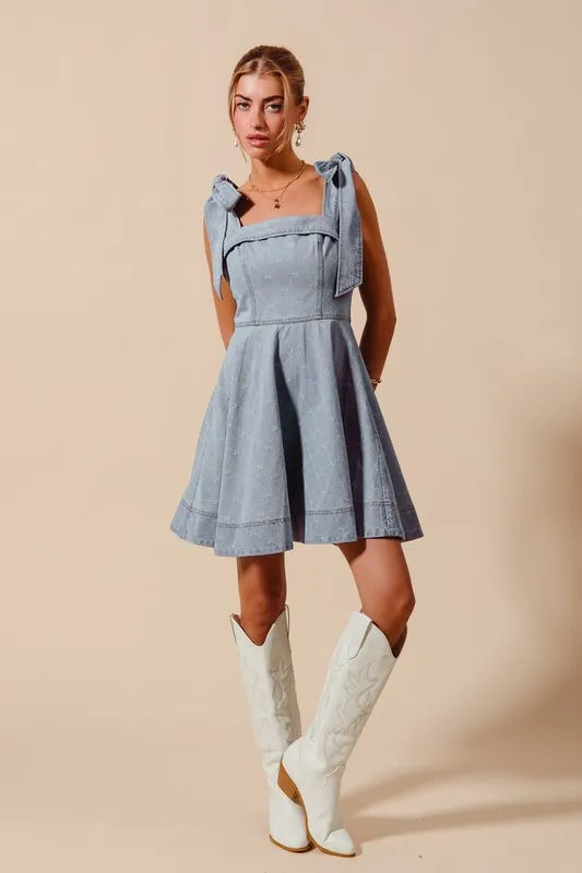 SO ME A Line Fit and Flare Diamond Bow Ribbon Denim Dres - NeoKira Unlimited