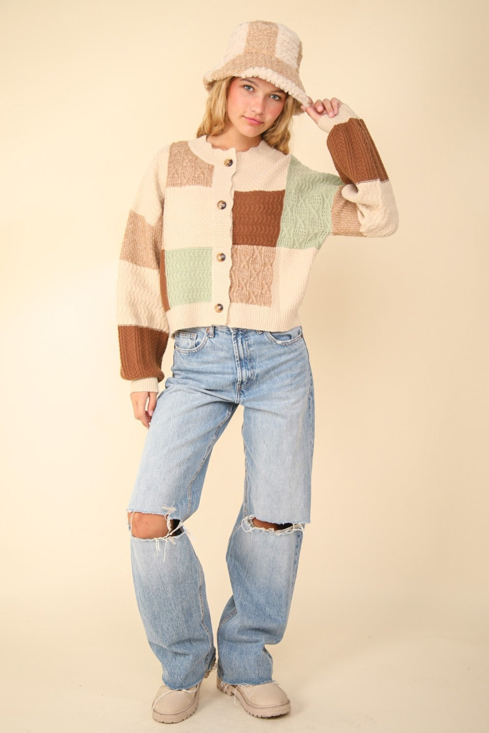 VERY J Color Block Button Down Textured Sweater Cardigan - NeoKira Unlimited
