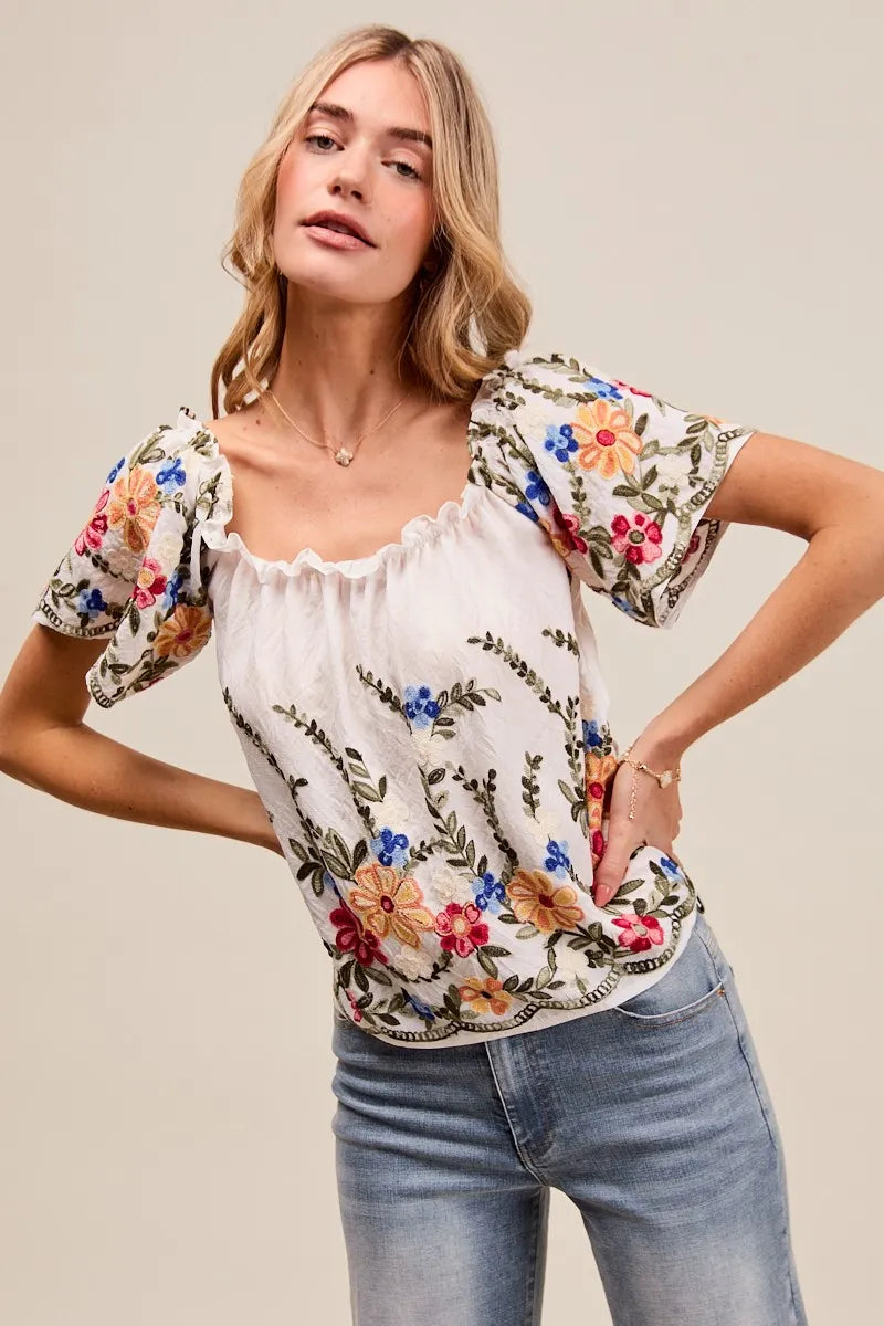 SO ME Floral Embroidered Off Shoulder Blouse With Ruffle Detail – Boho Chic - NeoKira Unlimited