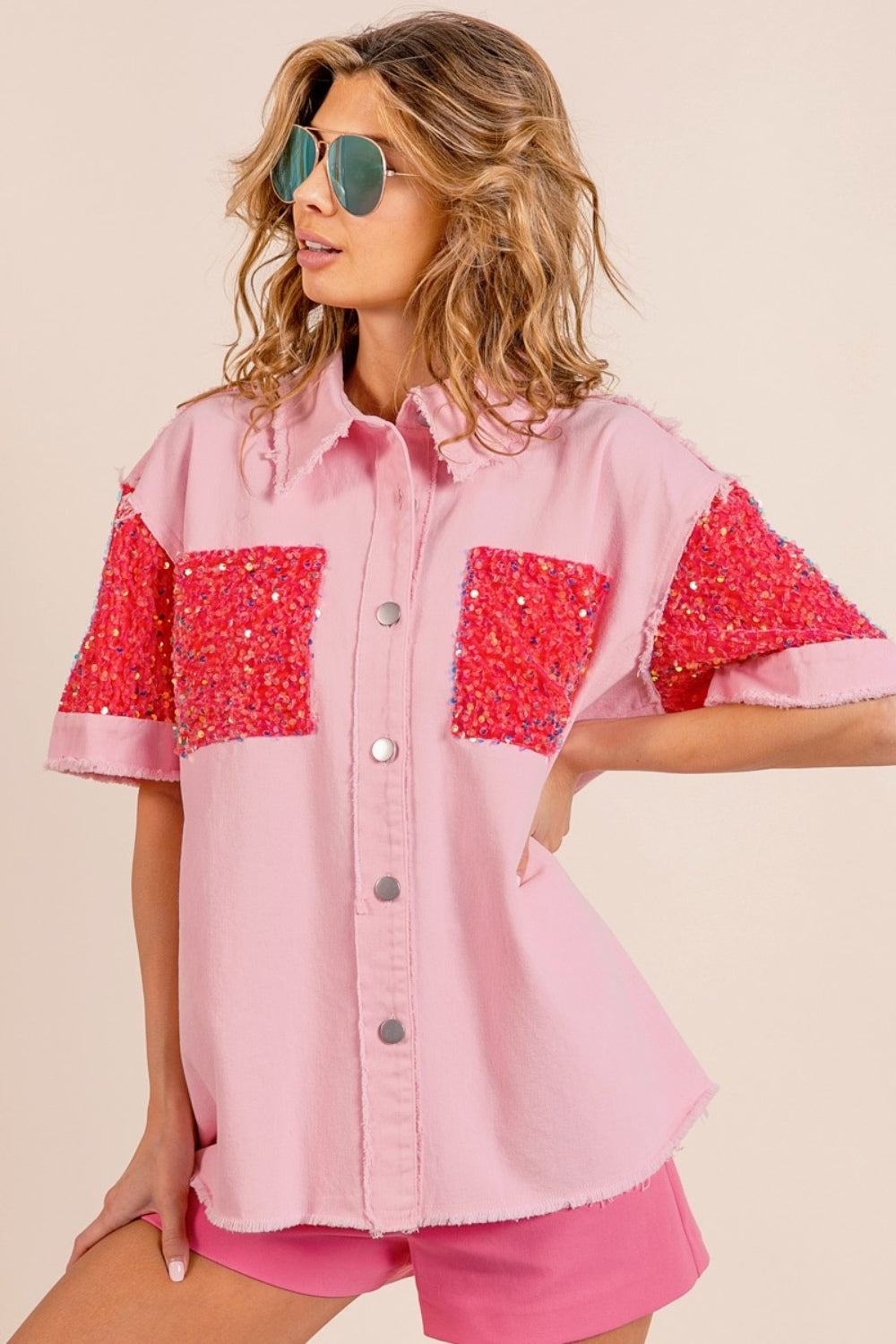 BiBi Sequin Detail Raw Hem Short Sleeve Shirt Shirt Trendsi   