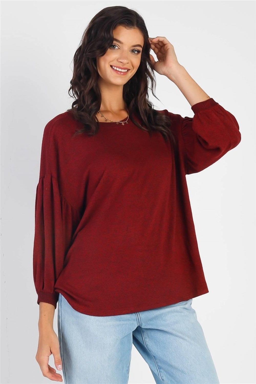 Cherish Apparel Drop Shoulder Puff Sleeve Top Top Trendsi Burgundy S 