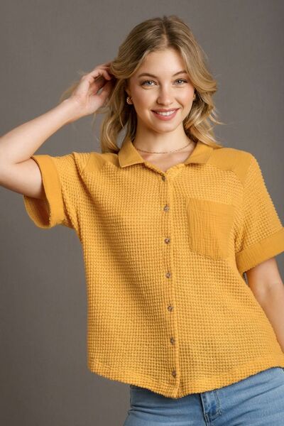 Umgee Full Size Waffle-Knit Short Sleeve Button Down Shirt Plus Size - NeoKira Unlimited