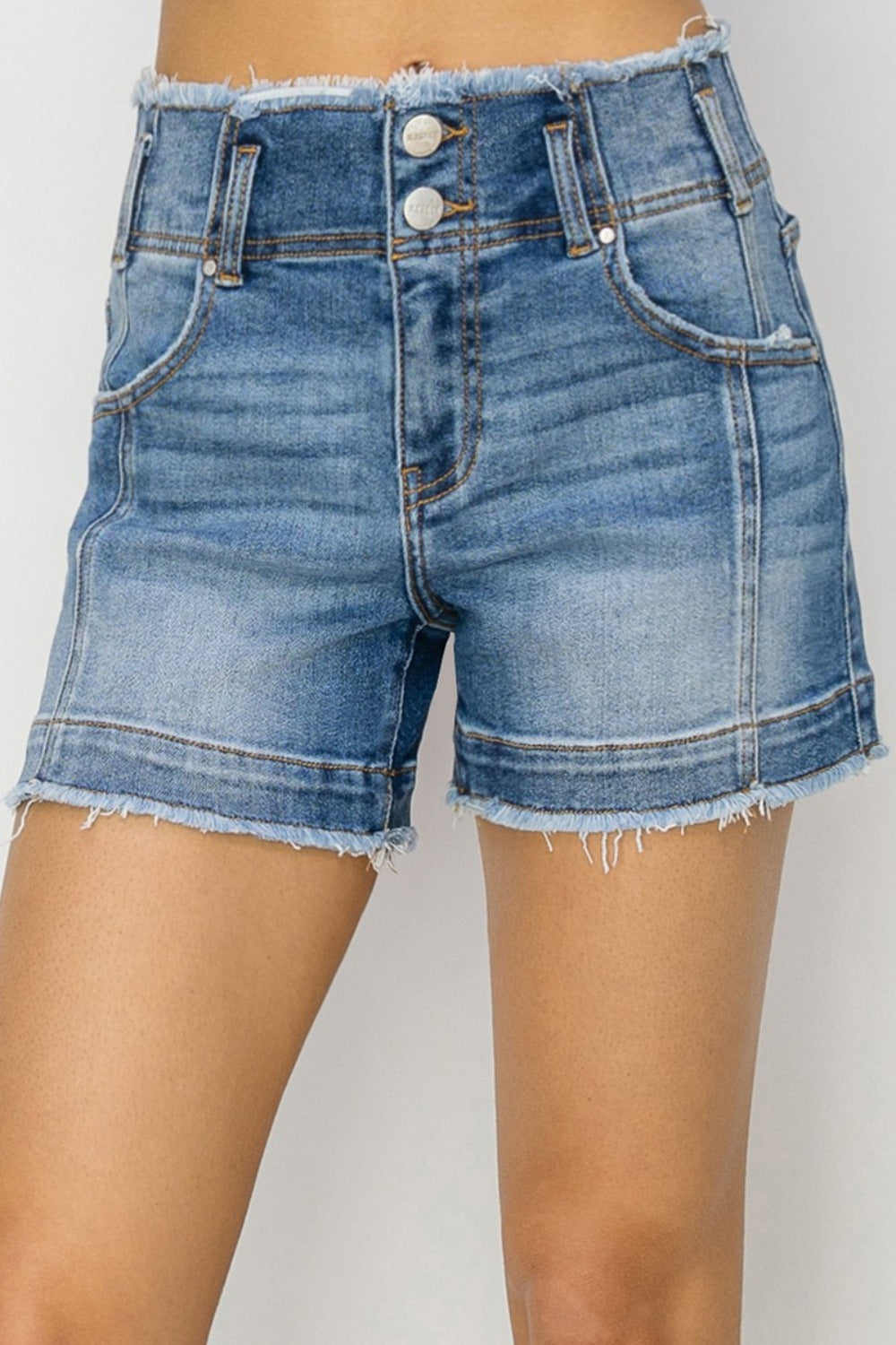 RISEN High Rise Seam Detailed Raw Edge Denim Shorts Denim Shorts Trendsi Medium S 