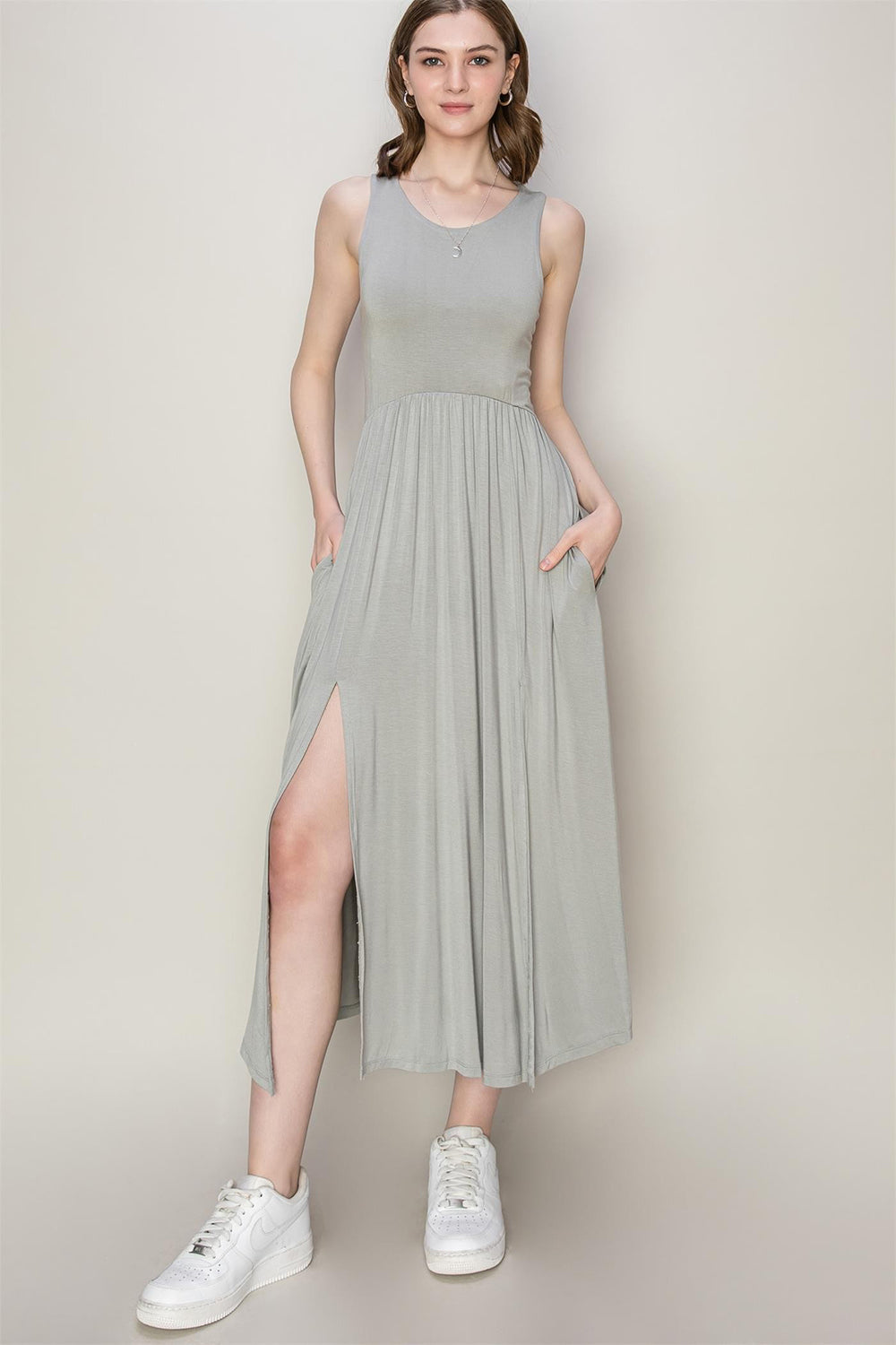 HYFVE Sleeveless Slit Midi Dress Midi Dress Trendsi Gray S 