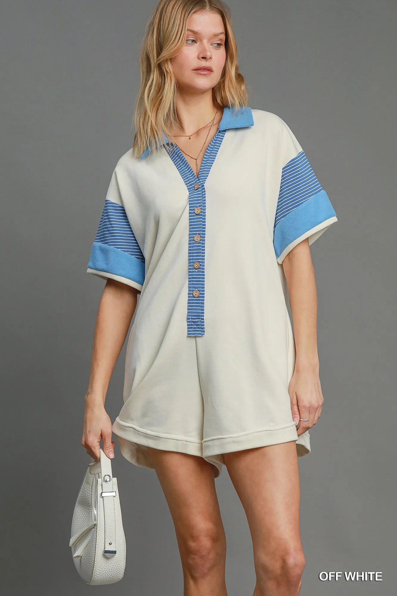 Umgee French Terry Collared Colorblock Romper – Relaxed Chic - NeoKira Unlimited