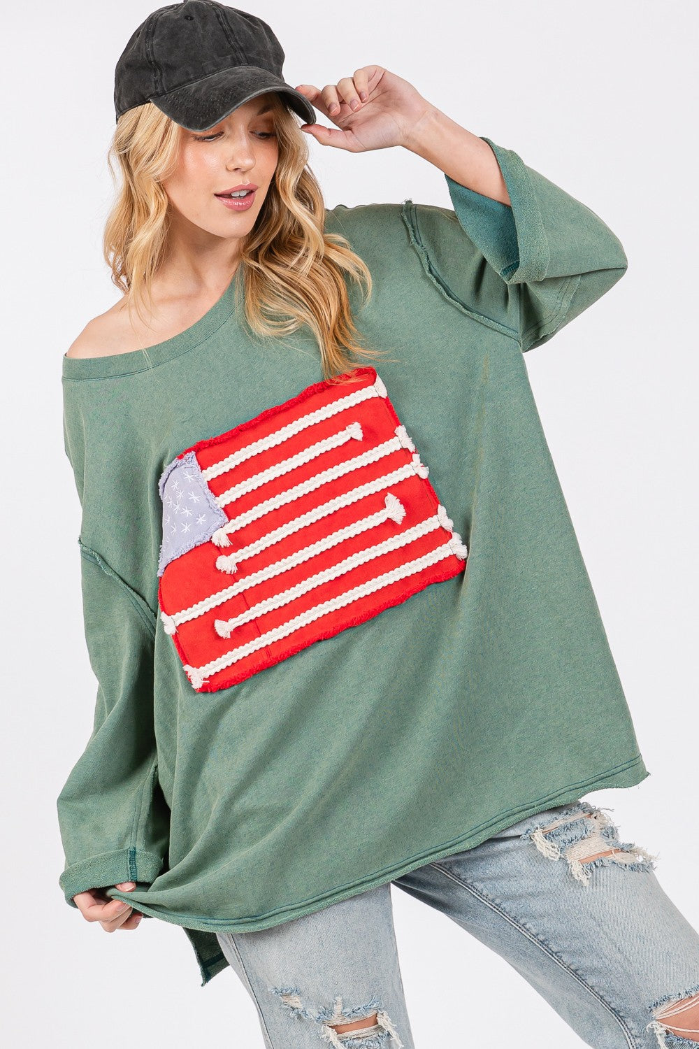 SAGE + FIG Full Size American Flag Patch Drop Shoulder T-Shirt T-Shirt Trendsi   