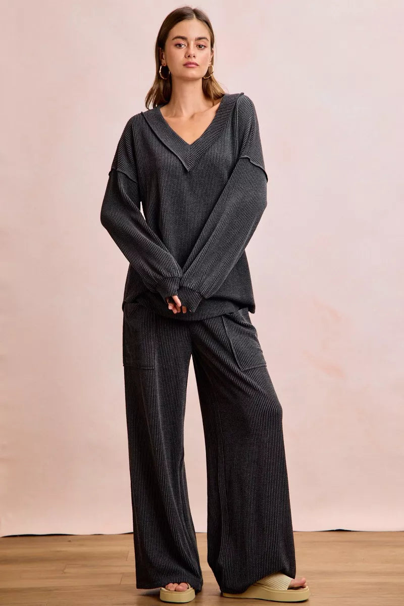 BiBi Two Tone Cord Rib Contrast Stitching V-Neck Top and Pants Set Boho Chic - NeoKira Unlimited