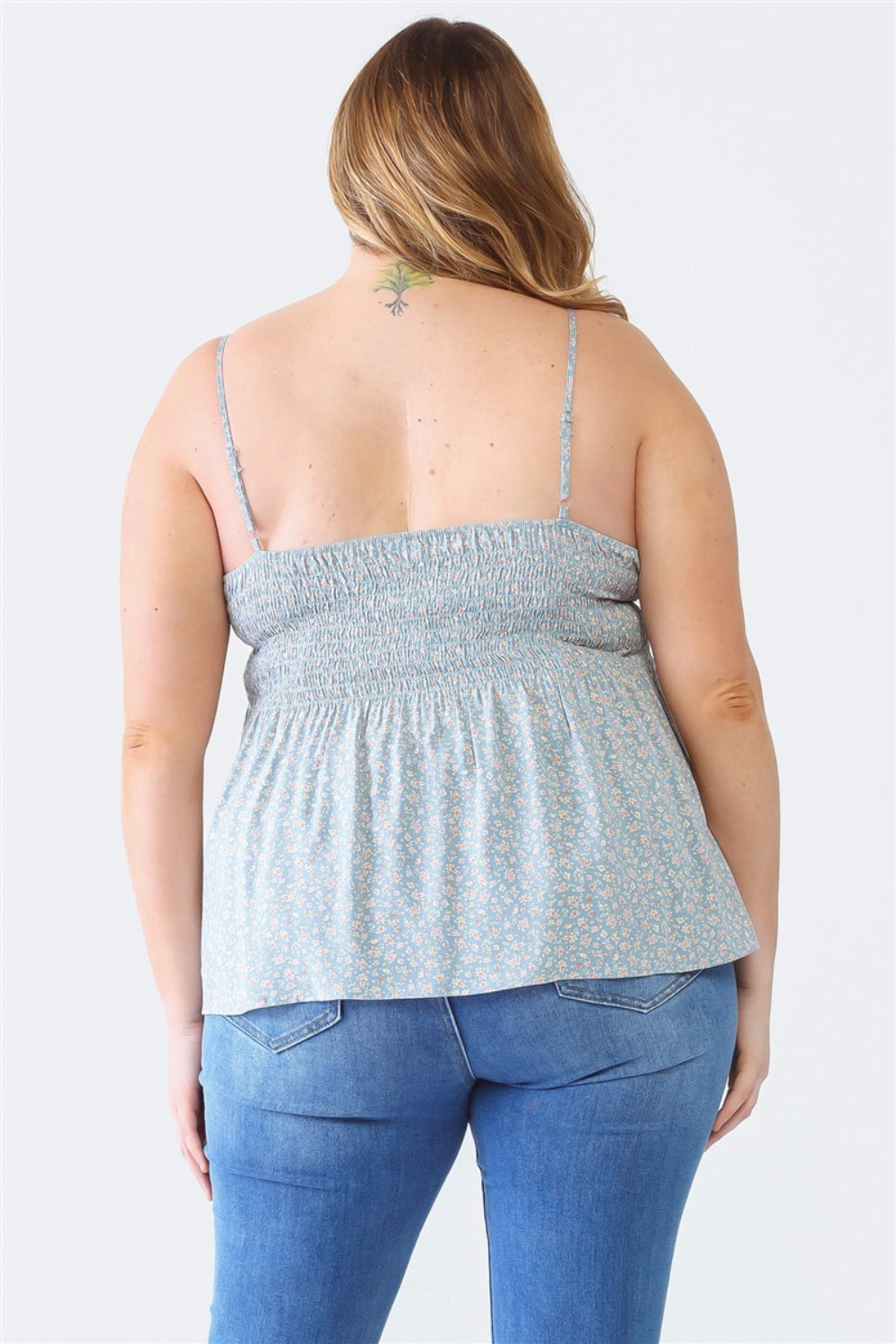 Zenobia Plus Size Frill Smocked Floral Sweetheart Neck Cami Top Trendsi   