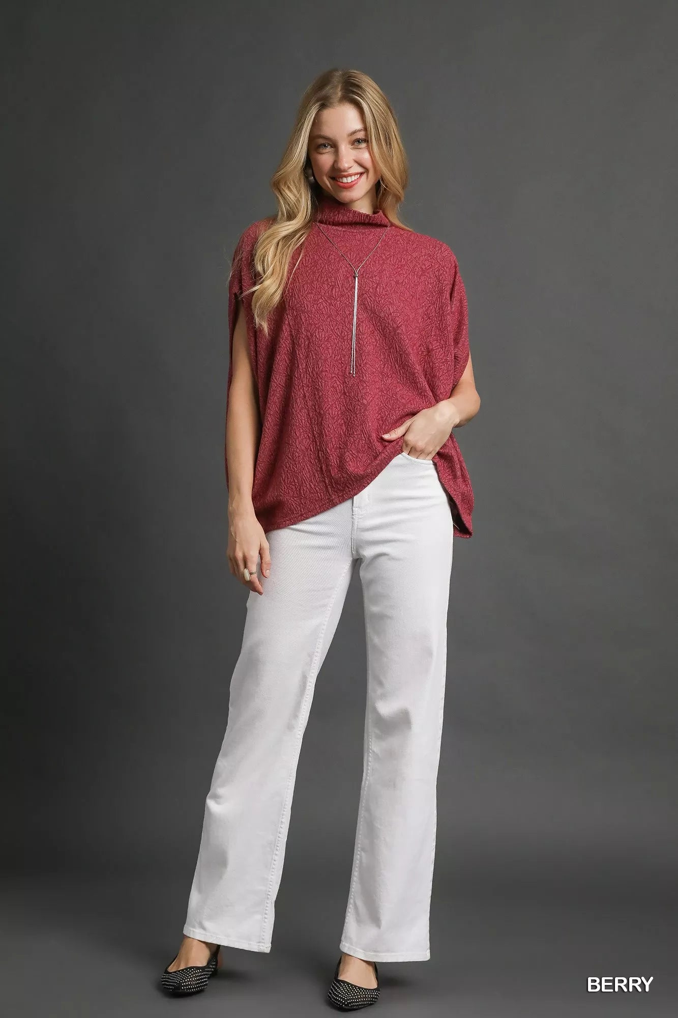 Umgee Textured Mock Neck Relaxed Top – Cozy Minimalist Style - NeoKira Unlimited