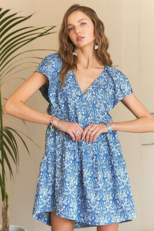 ADORA Printed V-Neck Ruffle Sleeve Mini Dress - NeoKira Unlimited