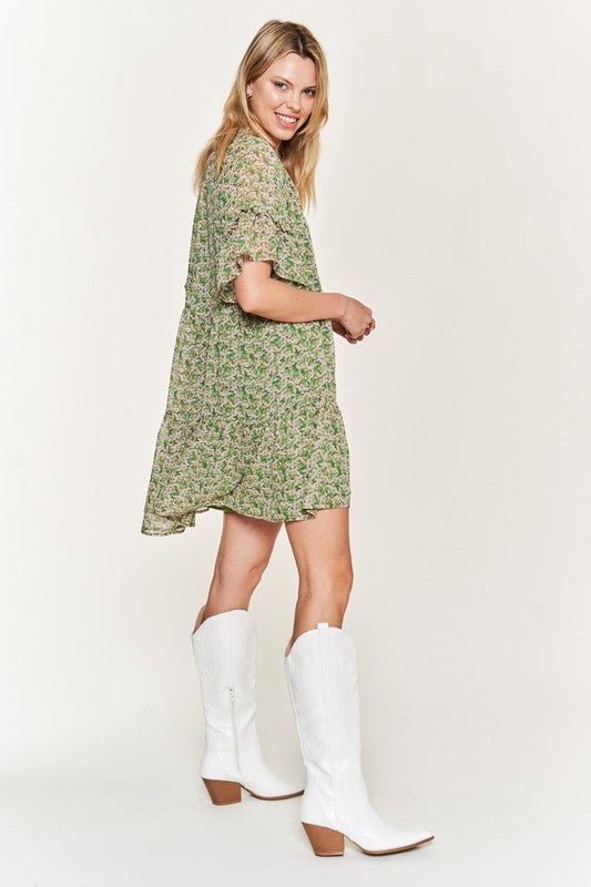 Jade By Jane Boho Floral V-Neck Ruffle Mini Dress | Loose Fit Chic Style - NeoKira Unlimited