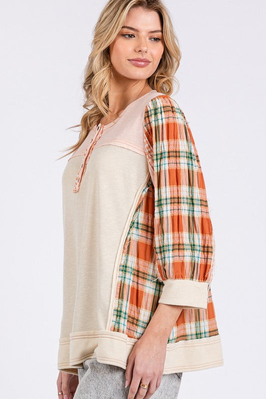 SAGE + FIG Exposed Seam Button Detail Plaid Top - NeoKira Unlimited