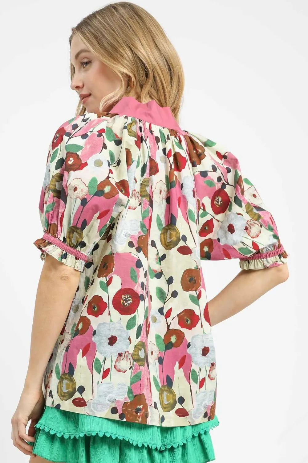 Umgee Floral Print Puff Sleeve Oversized Blouse - NeoKira Unlimited