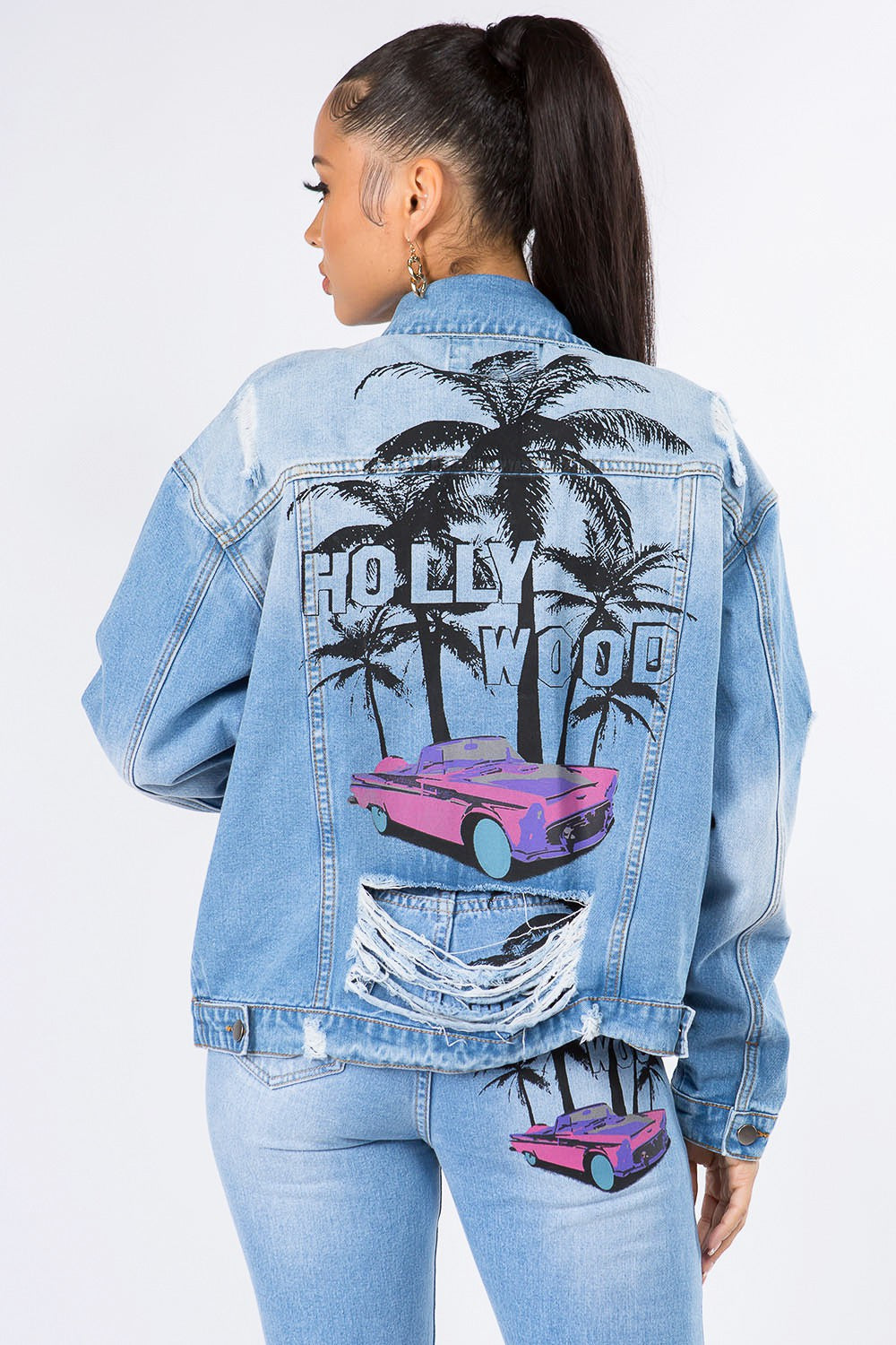 American Bazi Graphic Distressed Long Sleeve Denim Jacket Jacket Trendsi   