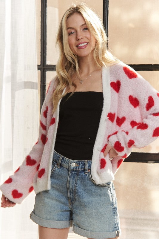 ADORA Fuzzy Heart Button Down Cardigan - NeoKira Unlimited