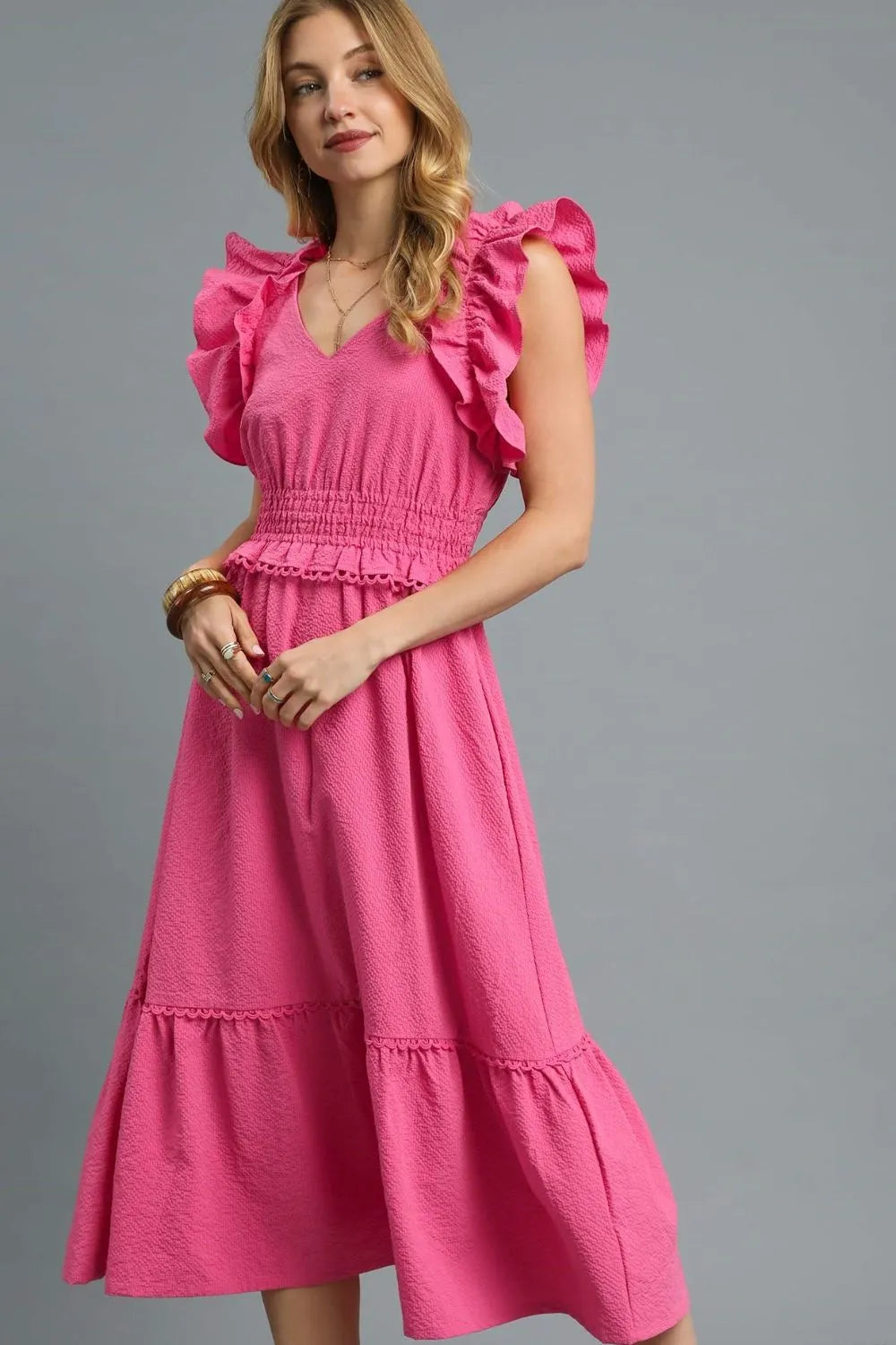 Umgee Boho Chic Pink Ruffle Smocked Midi Dress With Tiered Hem - NeoKira Unlimited