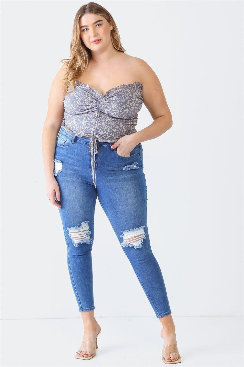 Zenobia Plus Size Drawstring Smocked Floral Tube Top Top Trendsi   