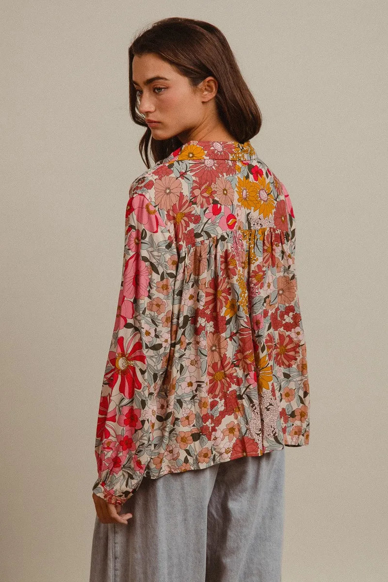 BiBi Tropical Floral Button-Up Blouse Vibrant Long Sleeve Relaxed Fit Top - NeoKira Unlimited
