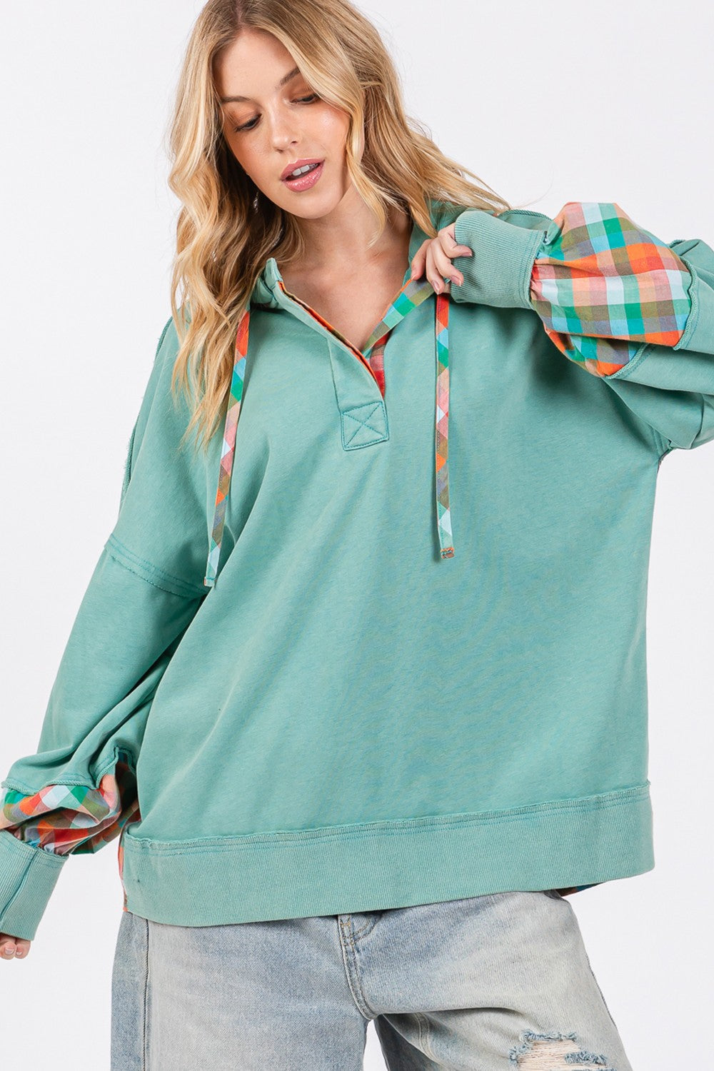 SAGE + FIG Full Size Plaid Print Washed Hoodie - NeoKira Unlimited