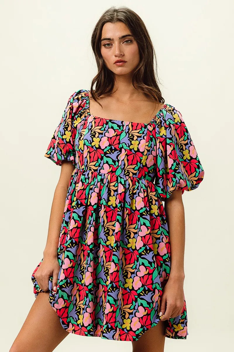 BiBi Tropical Boho Floral Print Puff Sleeve Square Neck Dress - NeoKira Unlimited