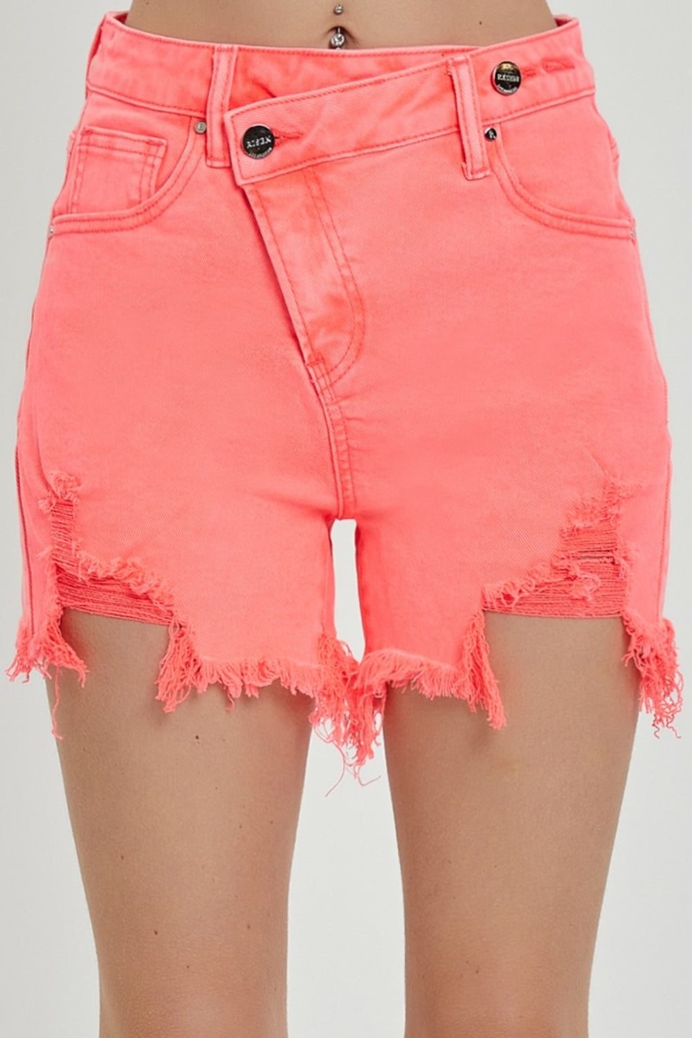 RISEN Raw Hem Asymmetrical Waist Denim Shorts Denim Shorts Trendsi Coral Pink S 