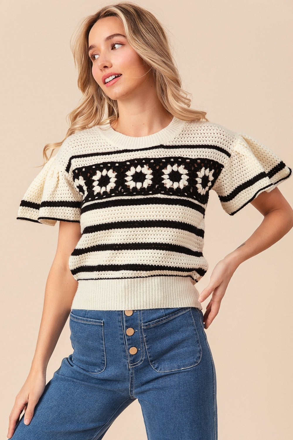 BiBi Granny Square Short Sleeve Striped Sweater - NeoKira Unlimited