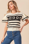 BiBi Granny Square Short Sleeve Striped Sweater Sweater Trendsi   