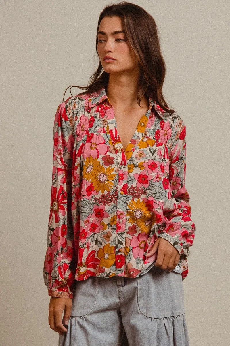 BiBi Tropical Floral Button-Up Blouse Vibrant Long Sleeve Relaxed Fit Top - NeoKira Unlimited