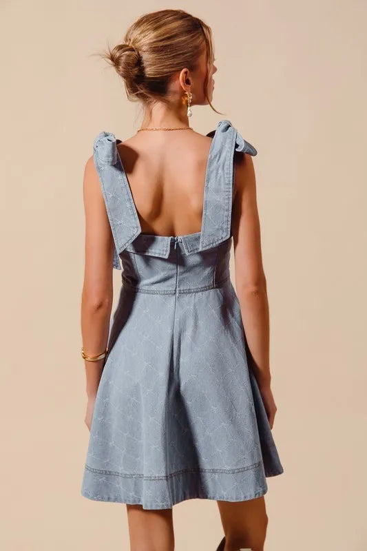 SO ME A Line Fit and Flare Diamond Bow Ribbon Denim Dres - NeoKira Unlimited