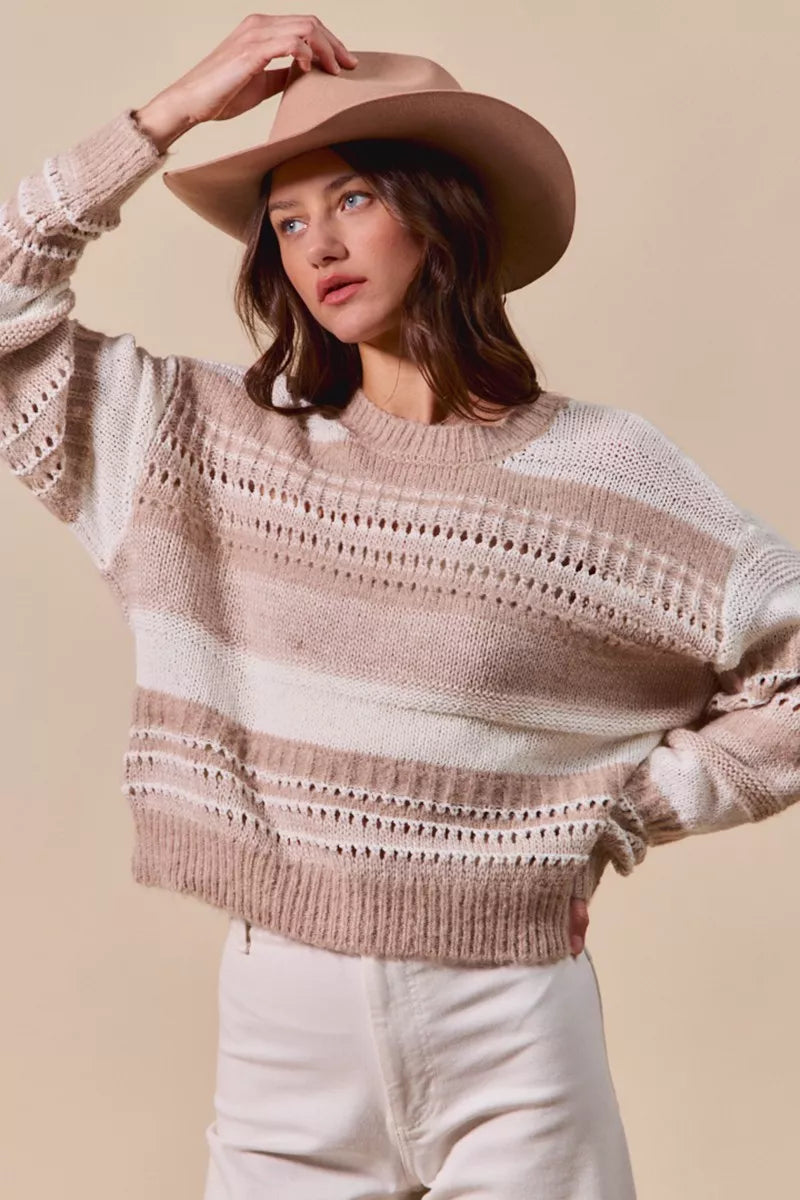 SO ME Variegated Stripe Textured Sweater Boho Cozy Style - NeoKira Unlimited