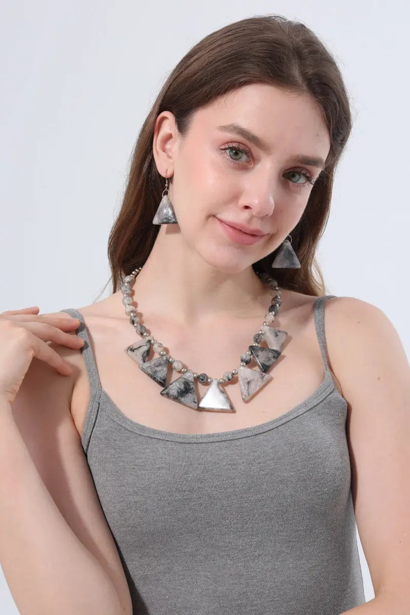 Boho Marble Triangle Resin Jewelry Set Necklace & Earrings - NeoKira Unlimited