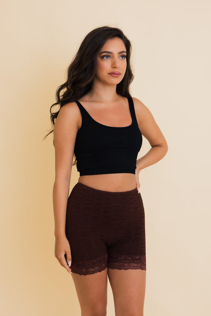 Stretch Smock Textured Lace Trimmed Lounge Shorts - NeoKira Unlimited