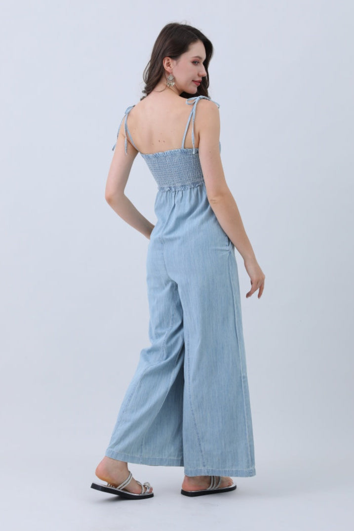 Light Blue Denim Jumpsuit – Smocked Top & Wide Legs - NeoKira Unlimited