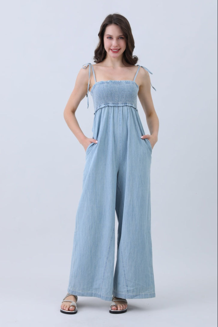Light Blue Denim Jumpsuit – Smocked Top & Wide Legs - NeoKira Unlimited