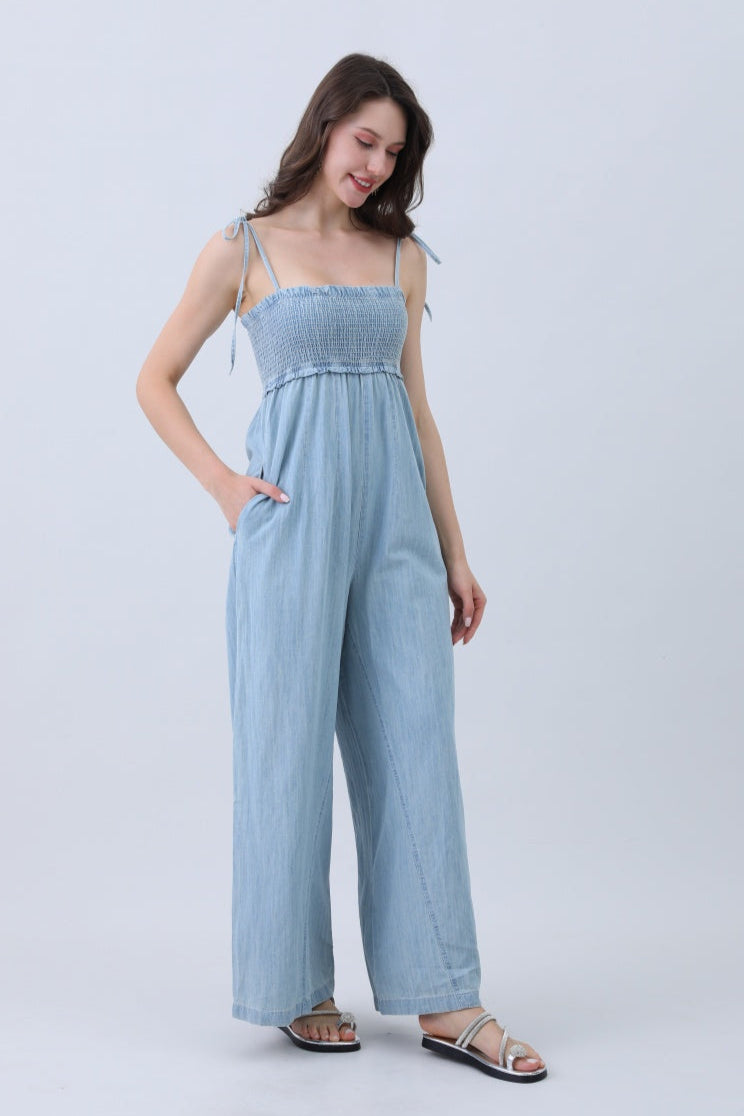 Light Blue Denim Jumpsuit – Smocked Top & Wide Legs - NeoKira Unlimited