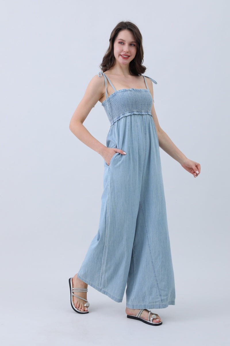 Light Blue Denim Jumpsuit – Smocked Top & Wide Legs - NeoKira Unlimited