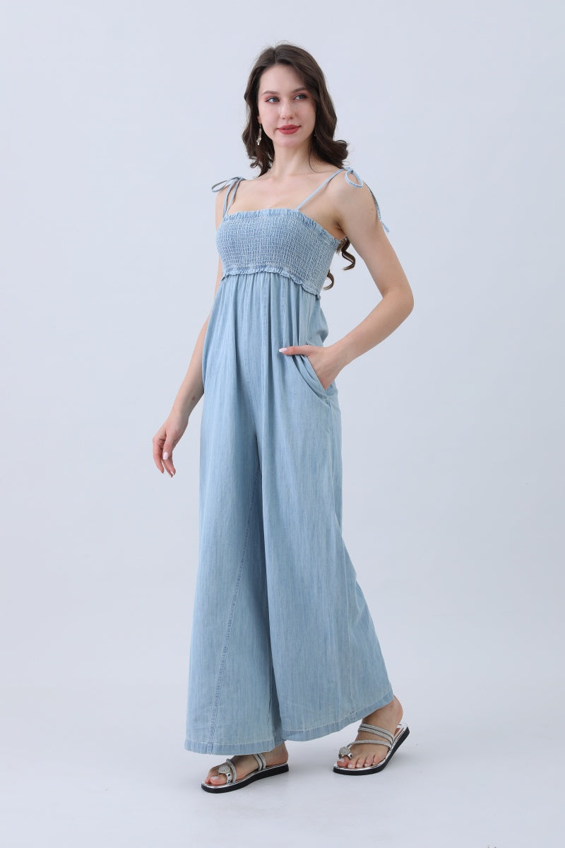 Light Blue Denim Jumpsuit – Smocked Top & Wide Legs - NeoKira Unlimited