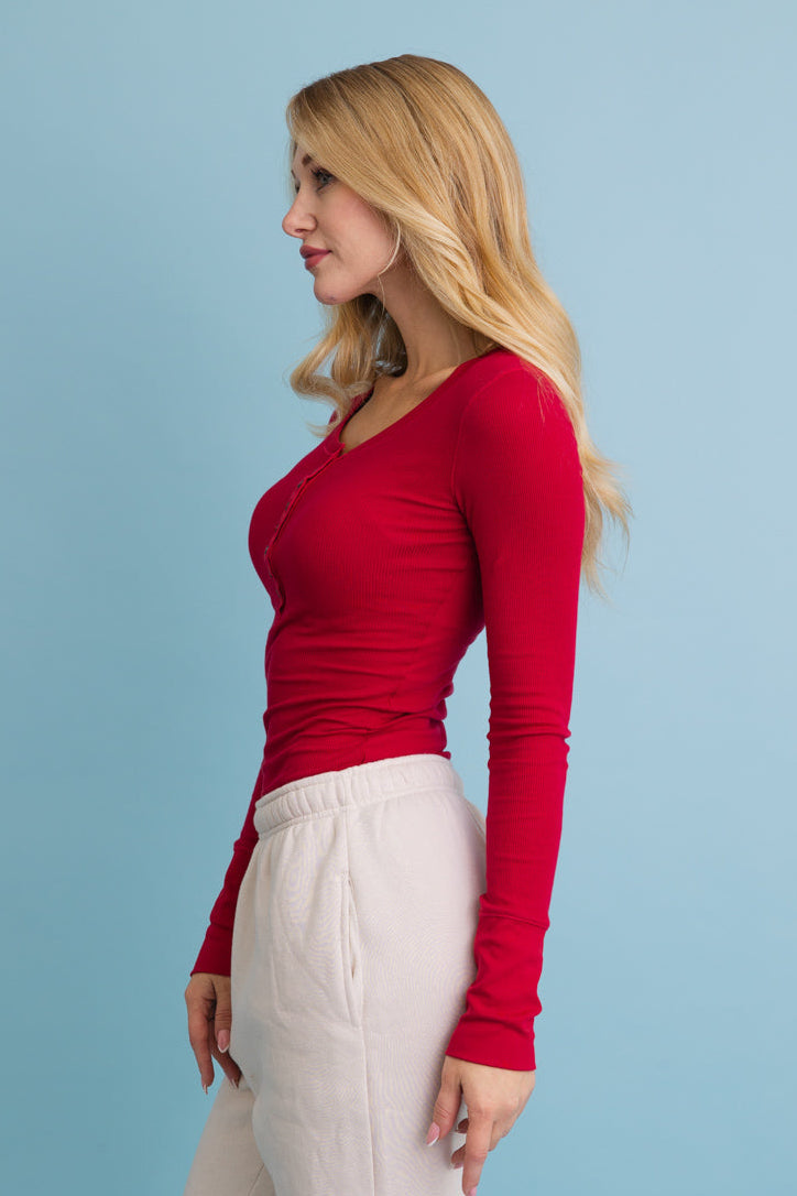 Cotton Long Sleeve Ribbed Henley Top with Buttons - NeoKira Unlimited