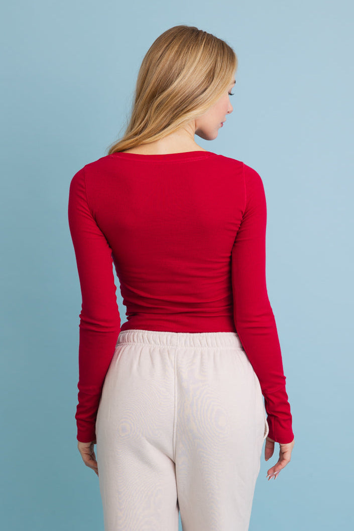 Cotton Long Sleeve Ribbed Henley Top with Buttons - NeoKira Unlimited