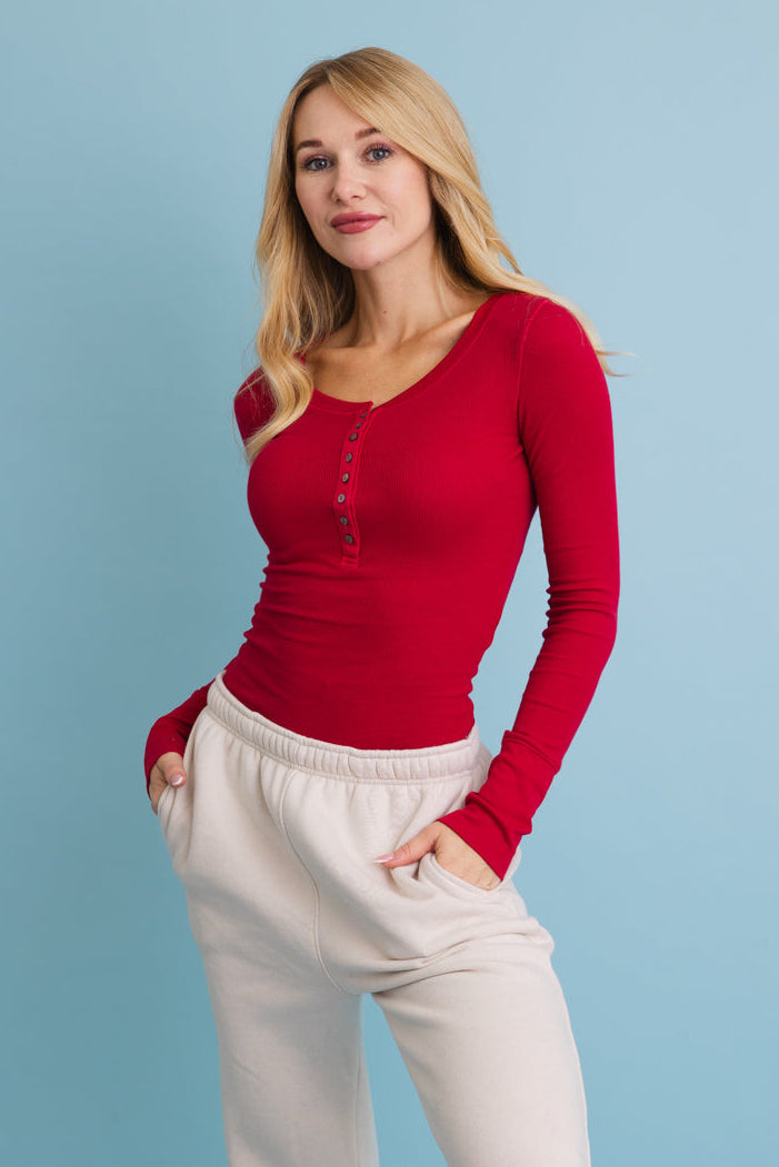 Cotton Long Sleeve Ribbed Henley Top with Buttons - NeoKira Unlimited