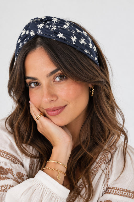 Boho Blooms: Flower Embroidered Denim Knotted Headband - NeoKira Unlimited