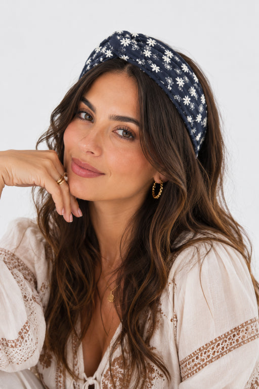 Boho Blooms: Flower Embroidered Denim Knotted Headband - NeoKira Unlimited