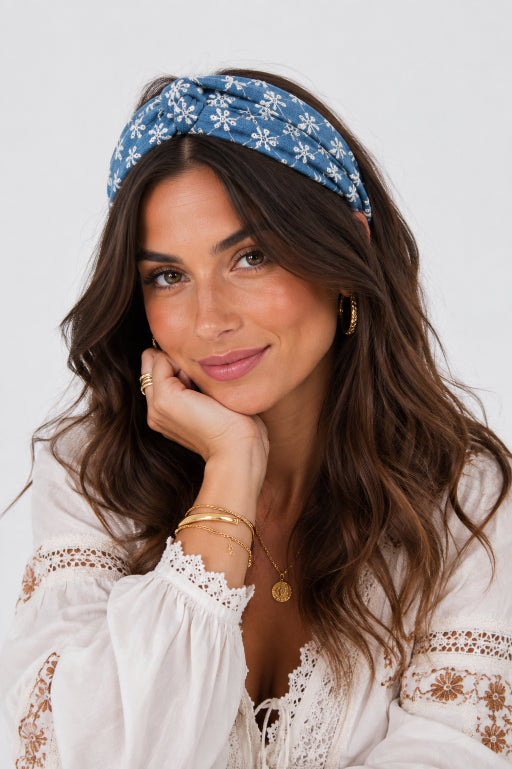 Boho Blooms: Flower Embroidered Denim Knotted Headband - NeoKira Unlimited