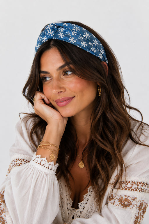 Boho Blooms: Flower Embroidered Denim Knotted Headband - NeoKira Unlimited