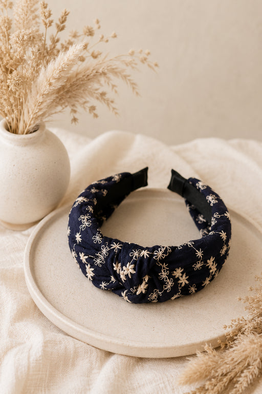 Boho Blooms: Flower Embroidered Denim Knotted Headband - NeoKira Unlimited