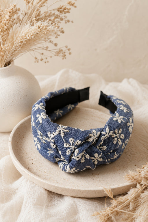 Boho Blooms: Flower Embroidered Denim Knotted Headband - NeoKira Unlimited