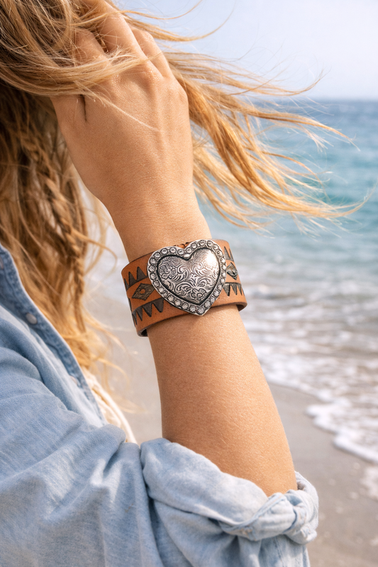 Western Romance: Embossed Heart Leather Cuff-Band Bracelet - NeoKira Unlimited